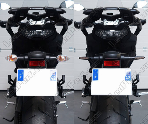 Porównanie przed i po zmianie na kierunkowskazy sekwencyjne LED Aprilia Mana 850 GT