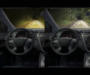 Porównanie przed i po zamontowaniu żarówek Osram H7 LED XTR widok z wnętrza pojazdu